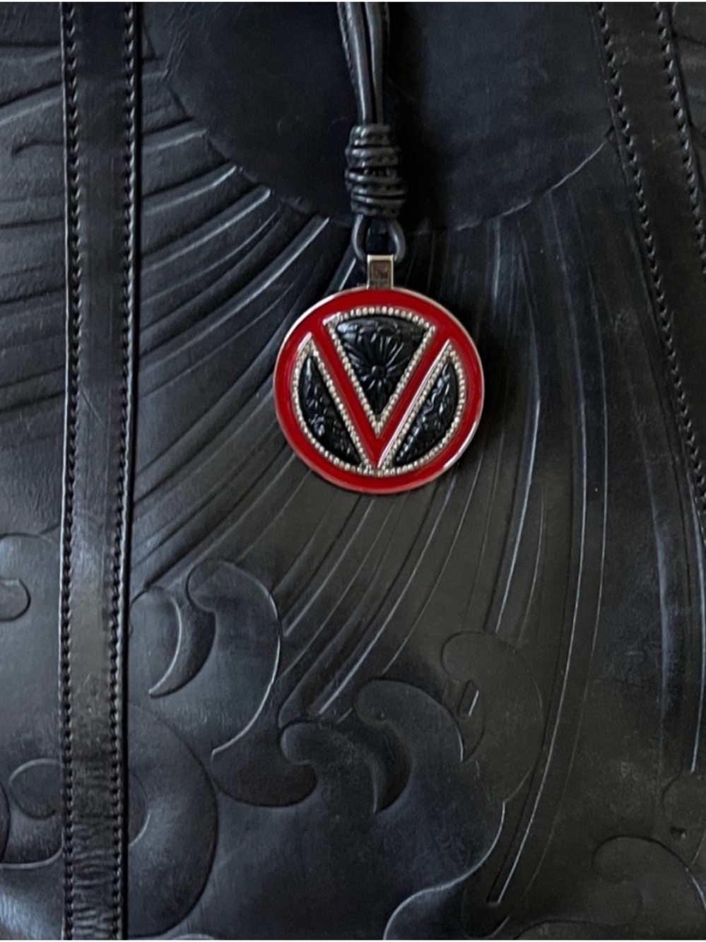 Valentino Garavani Embossed Black Leather Tote with Red Medallion Charm
